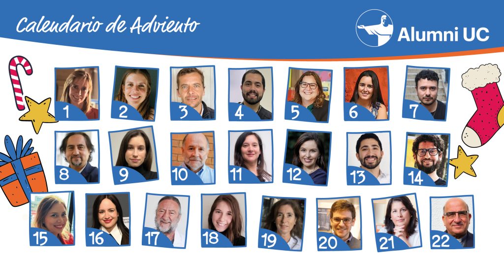 Imagen con las caras de 22 personas, con el título Calendario de Adviento Alumni UC, adornado con una bota de Navidad, estrellas, un bastón de dulces y un regalo