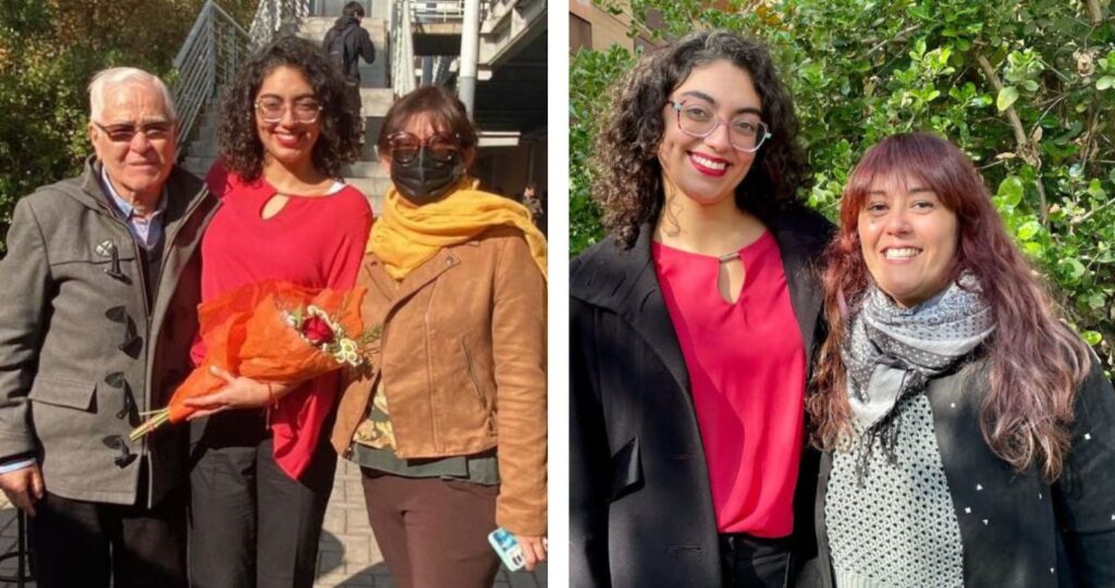 Dos fotografías de María Ignacia: una a la izquierda en grupo con un ramo de flores y otra a la derecha acompañada.