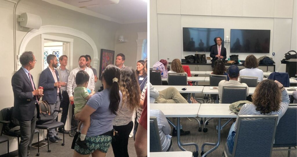 Dos fotografías del rector Juan Carlos de la Llera participando en una reunión de exalumnos en un recinto interior.