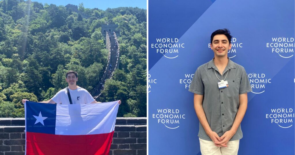 Dos fotografías de Maximiliano: a la izquierda en un entorno turístico sosteniendo la bandera chilena y a la derecha en un evento institucional.