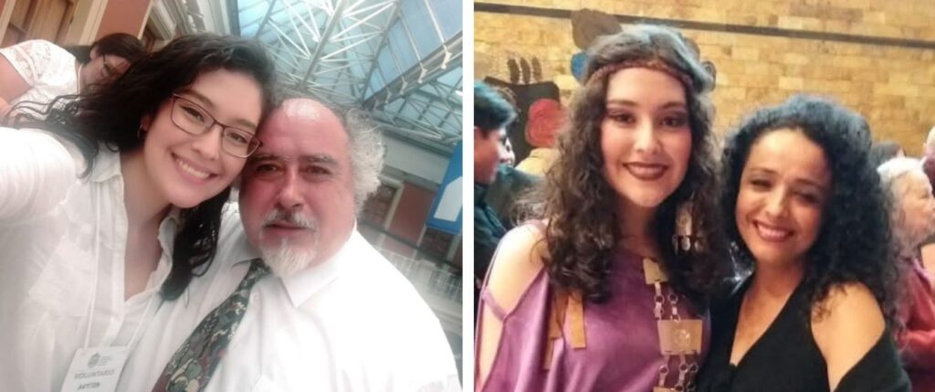 Collage de dos fotos de Vanessa Rojas, una junto al profesor Víctor Alarcón y la otra junto a la profesora Claudia Pereira