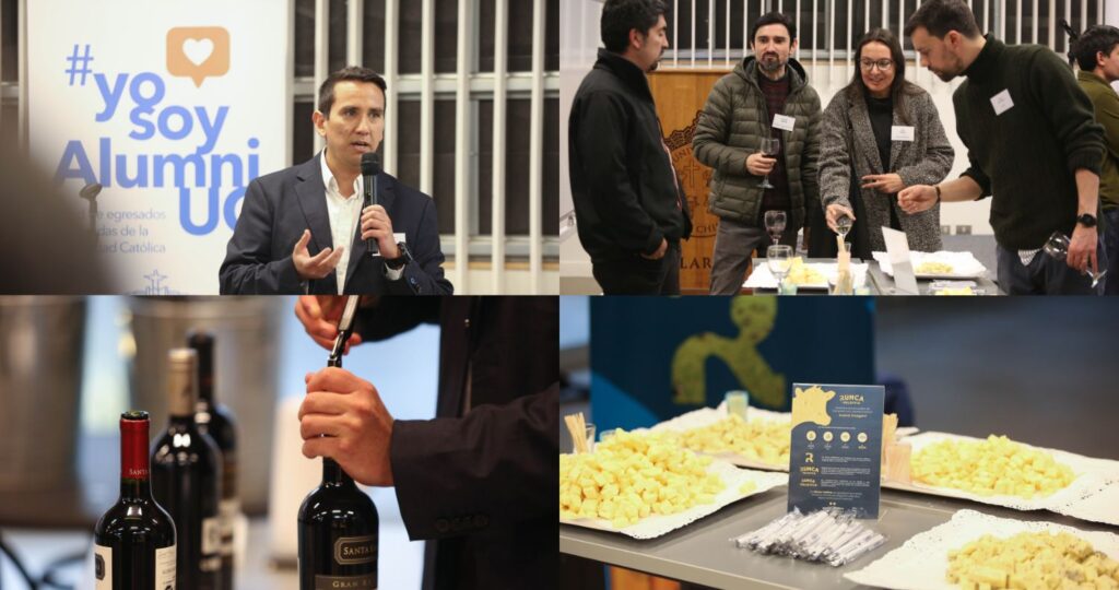 Collage de fotos de egresados UC disfrutando un cóctel en Campus Villarrica