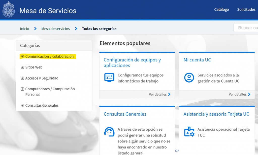 Captura de pantalla de la descripción de la Mesa de Servicios UC