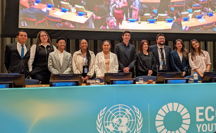 Fotografía de un panel de personas de pie, abajo de ve en letras grandes el logo de la ONU y las iniciales de la sigla ECOSOC